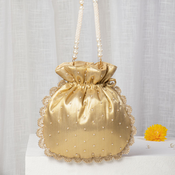 Gold Tissue Silk Potli Bag with Hand-Embroidered Scallop Edge and Pearl Work
