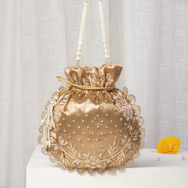 ANTIQUE-Gold Tissue Silk Potli Bag with Hand-Embroidered Scallop Edge