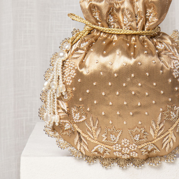 ANTIQUE-Gold Tissue Silk Potli Bag with Hand-Embroidered Scallop Edge