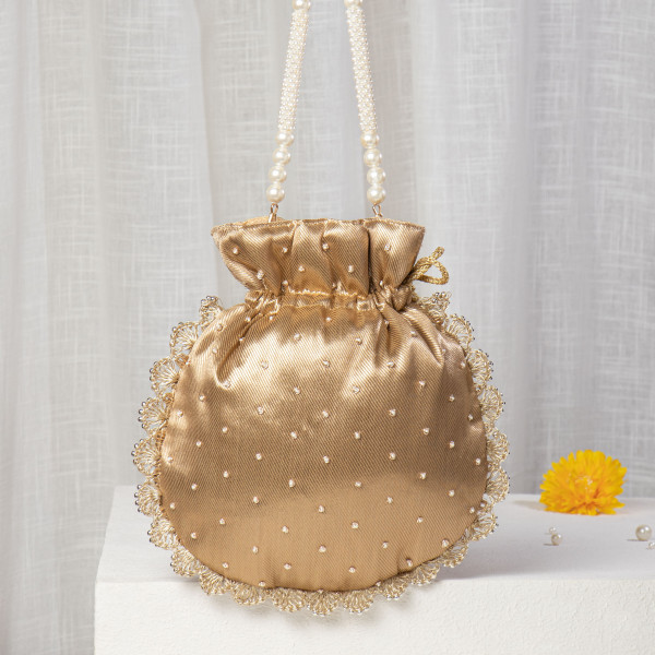 ANTIQUE-Gold Tissue Silk Potli Bag with Hand-Embroidered Scallop Edge