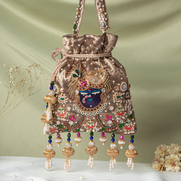 Jewellery Shrinathji Tissue Potli – Dark Copper Gold | Heavily Embellished Traditional Potli