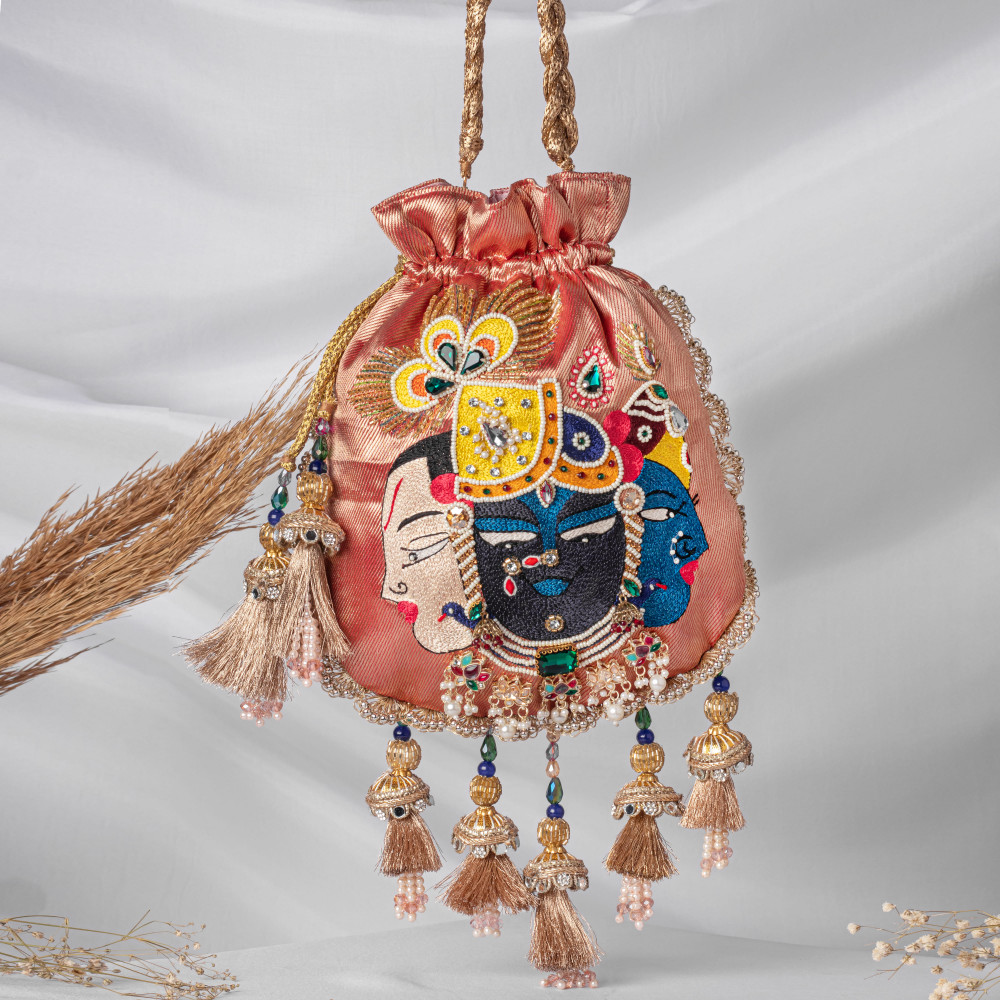 Image of Brick Red Mahaprabhuji Shrinathji Narayanji Trio Hand-Embroidered Potli Bag