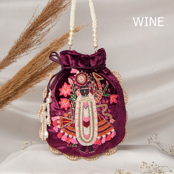 Premium Shrinath Ji Hand-Embroidered Velvet Potli Bag