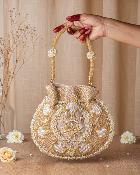 Light Rose Gold Shimmer Potli Bag with Pearls & Cutdana Details