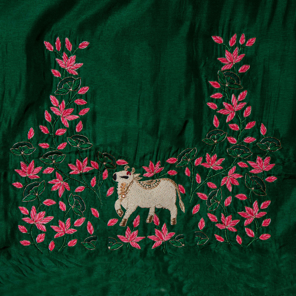 Image of Ethnic Wedding Cow Pichwai Thread Embroidered green Blouse Fabric