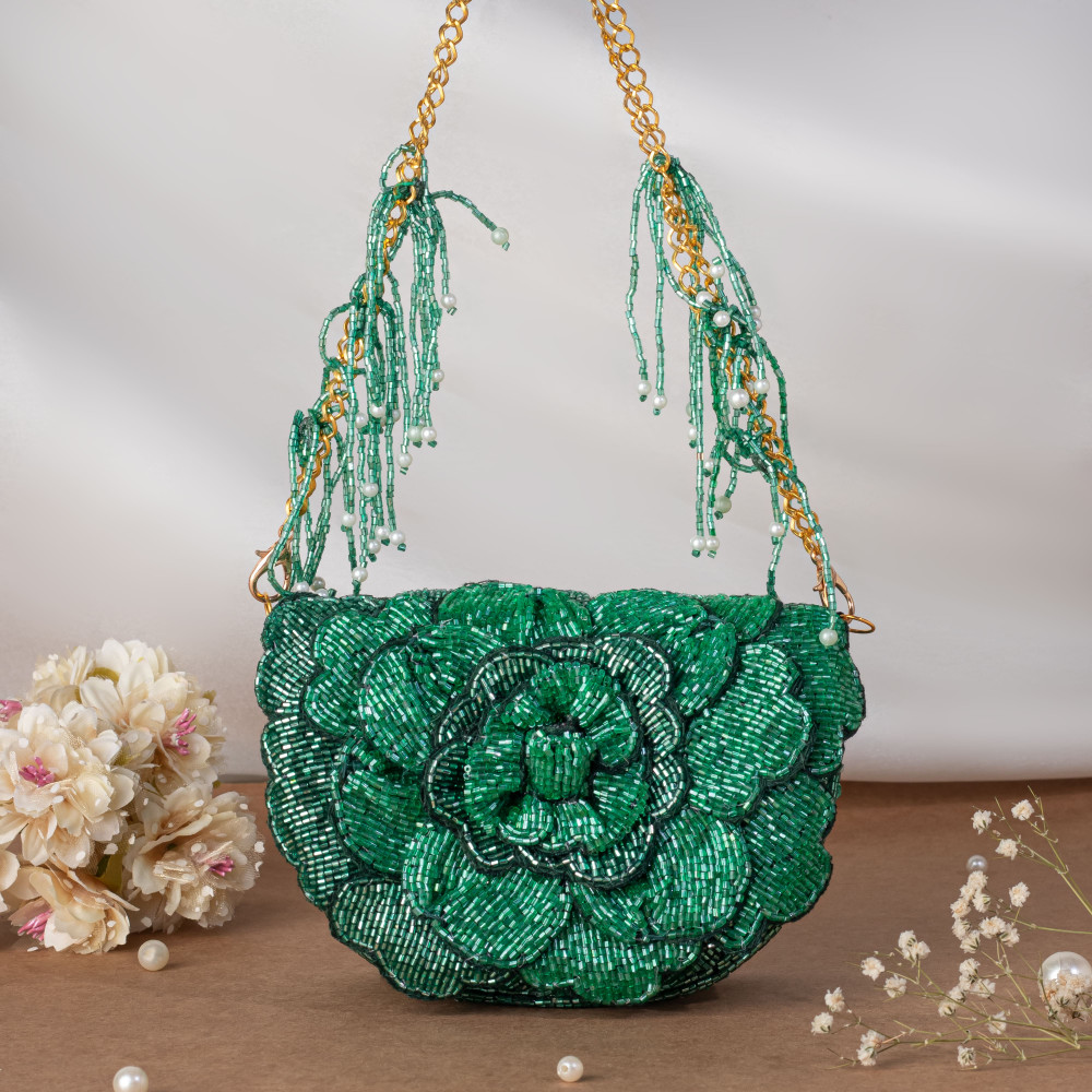 Image of Green Handcrafted 3D Rose Cutdana &amp; Pearl Embellished Clutch Bag