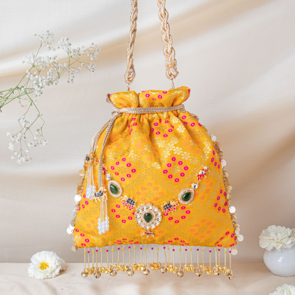 Royal Mustard Banarasi Brocade Potli with Elephant Motif Jewel Brooch