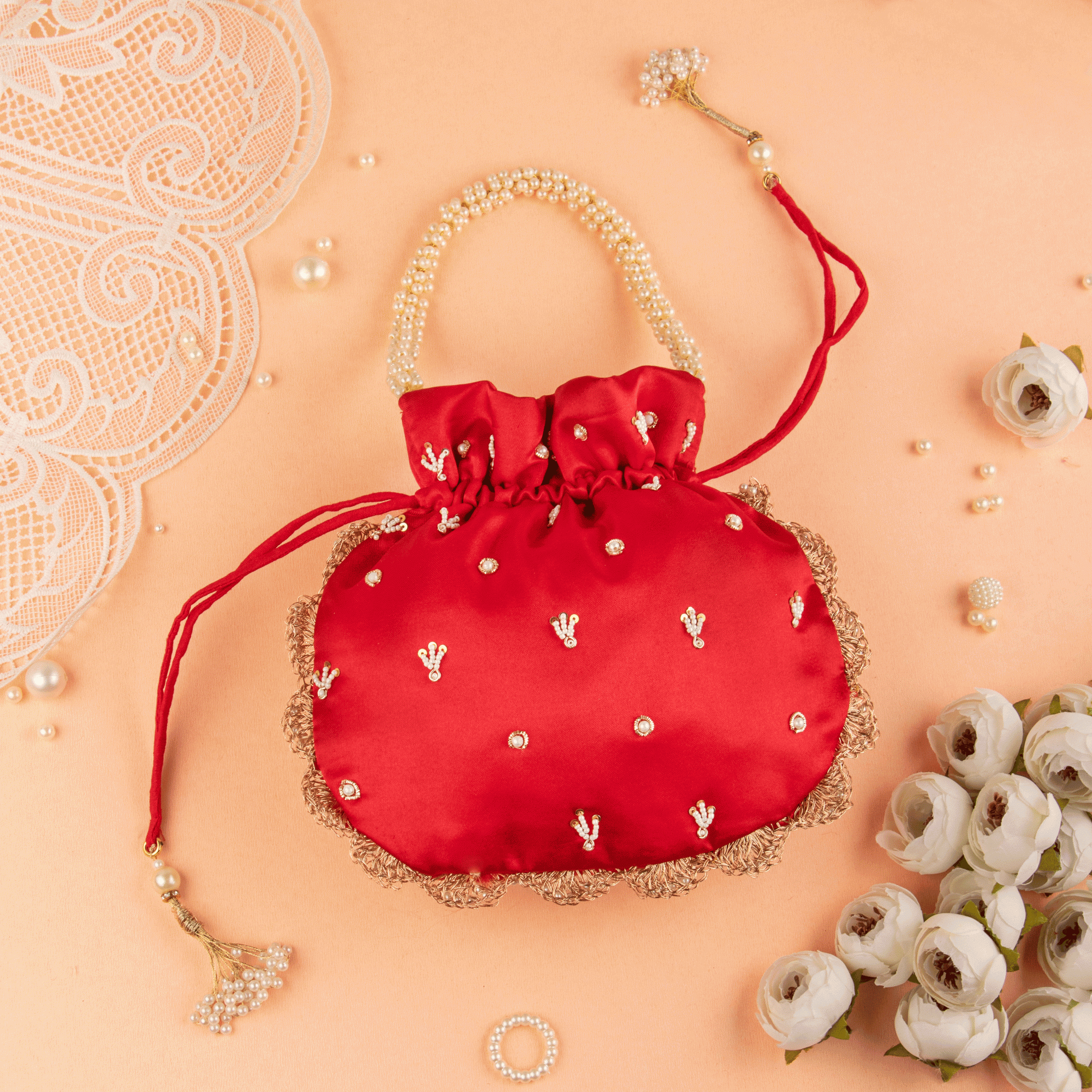 Red Moti tikki embroider with mirror glass wedding day bridesmaids