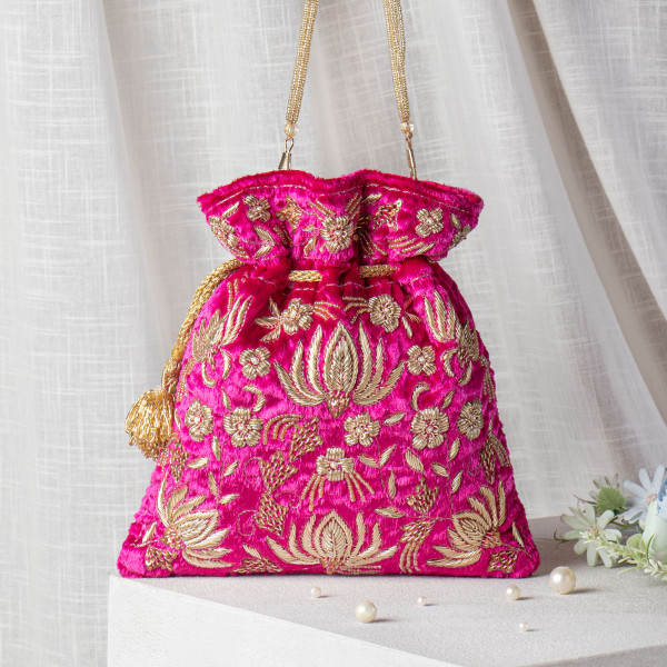 Magenta Pink Zardozi Embroidered Tissue Lotus Potli Bag