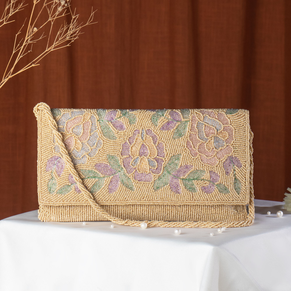 Image of Beige Embellished Evening Clutch Bag with Chain Strap