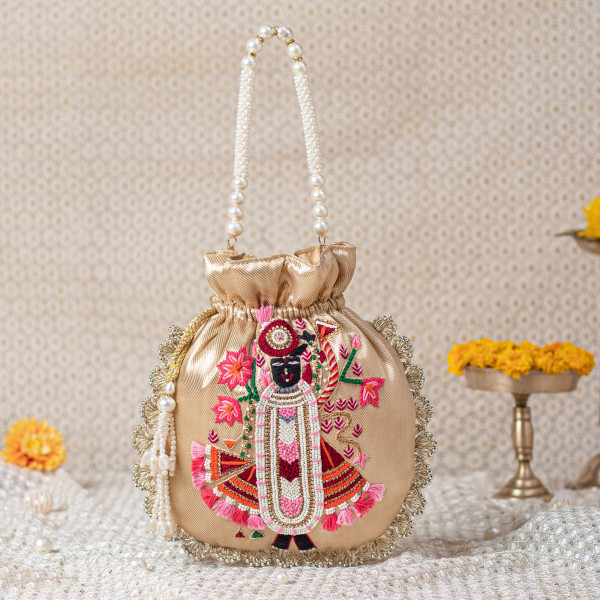 Dull Gold Tissue Shrinath Ji Scallop Potli Bag (Shreenath Ji)