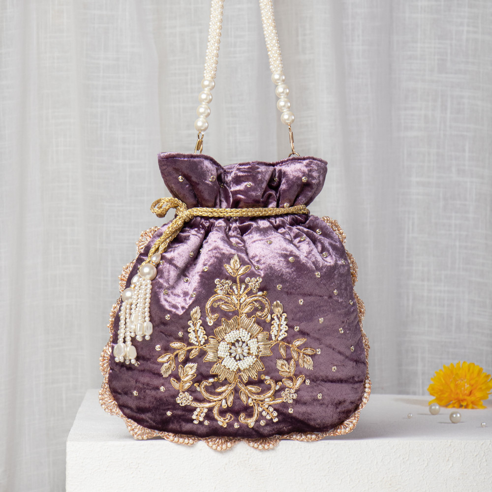 Image of Mauve Velvet Potli Bag | Pearl &amp; Zardozi Hand-Embroidered Bridal Potli
