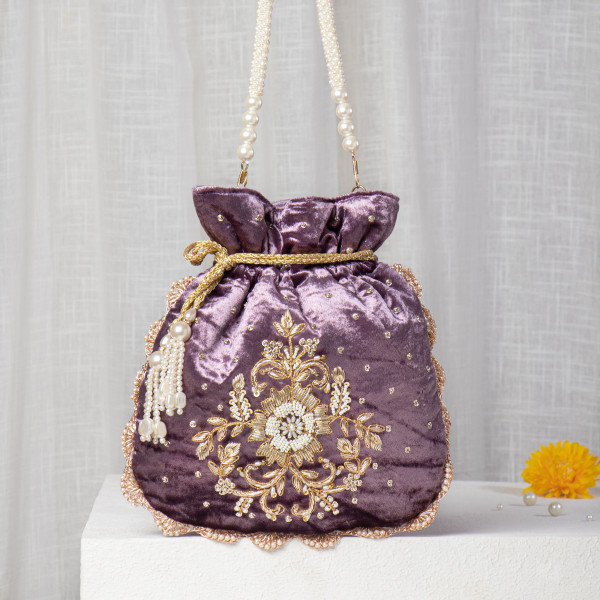 Mauve Velvet Potli Bag | Pearl & Zardozi Hand-Embroidered Bridal Potli