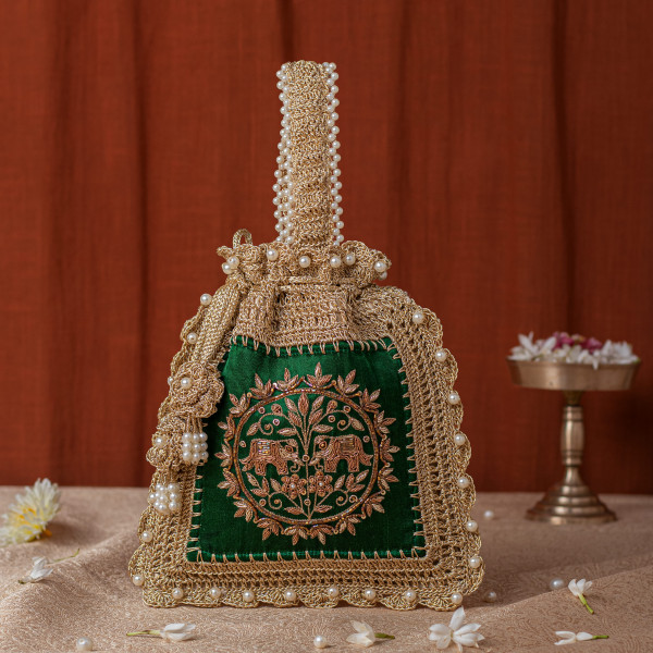 Green Silk & Crochet Elephant Embroidered Potli Bag