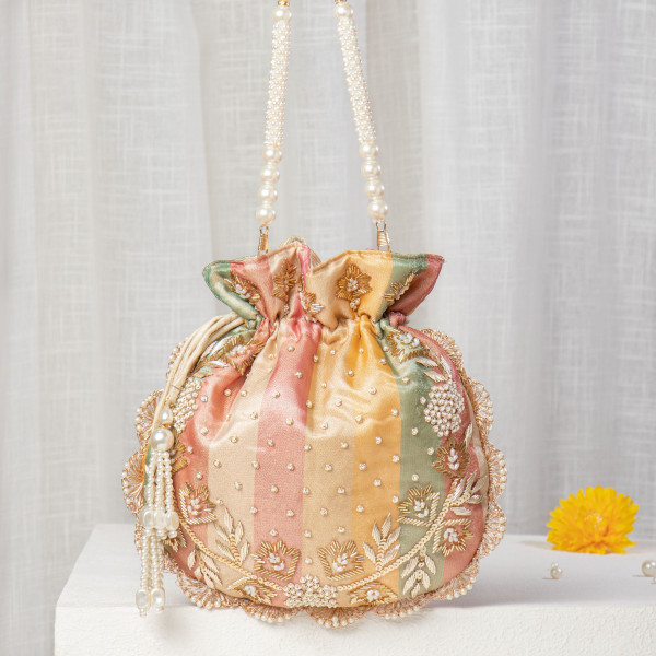 Multi-Color Pastel Rainbow Potli Bag with Hand-Embroidered Scallop Edge
