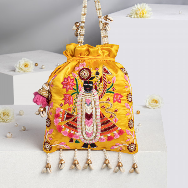 Shree Nath Ji Yellow Satin Silk Potli Bag with Tassel Embellishment
