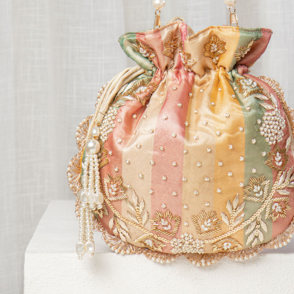 Multi-Color Pastel Rainbow Potli Bag with Hand-Embroidered Scallop Edge