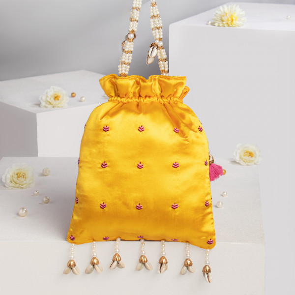 Shree Nath Ji Yellow Satin Silk Potli Bag with Tassel Embellishment