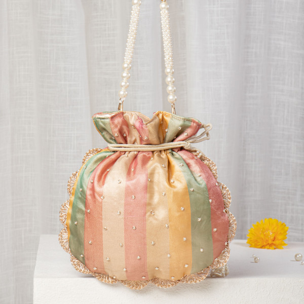 Multi-Color Pastel Rainbow Potli Bag with Hand-Embroidered Scallop Edge