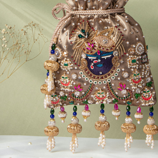 Jewellery Shrinathji Tissue Potli – Dark Copper Gold | Heavily Embellished Traditional Potli
