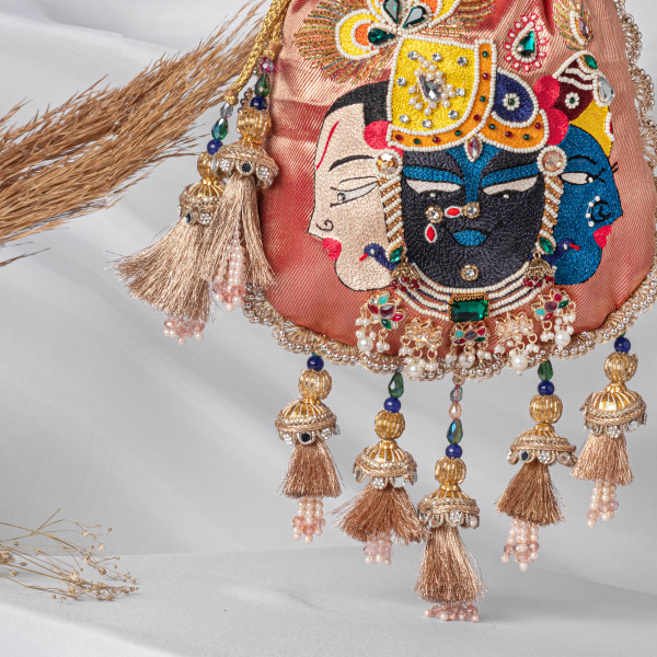 Brick Red Mahaprabhuji Shrinathji Narayanji Trio Hand-Embroidered Potli Bag