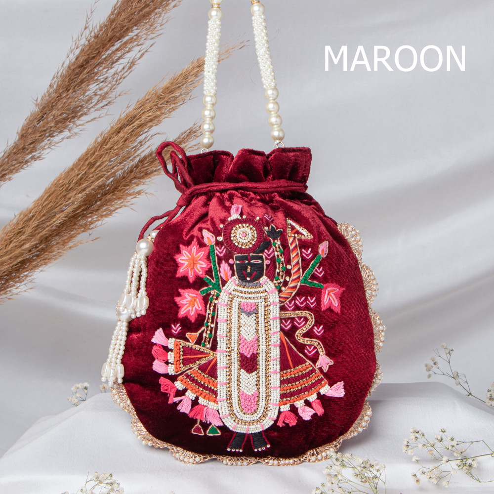 Image of Premium Shrinath Ji Hand-Embroidered Velvet Potli Bag