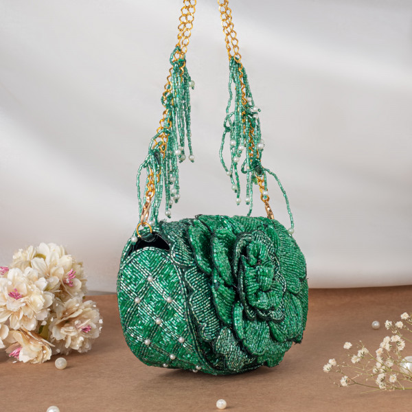 Green Handcrafted 3D Rose Cutdana & Pearl Embellished Clutch Bag