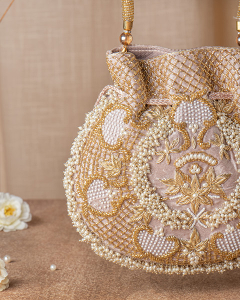 Light Rose Gold Shimmer Potli Bag with Pearls & Cutdana Details