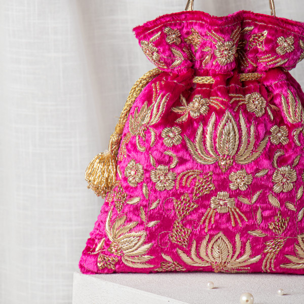 Magenta Pink Zardozi Embroidered Tissue Lotus Potli Bag