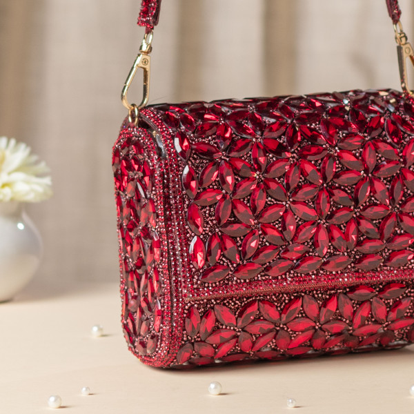 Luxury Maroon Crystal Evening Clutch - Bridal & Party Handbag
