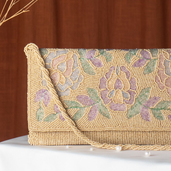Beige Embellished Evening Clutch Bag with Chain Strap