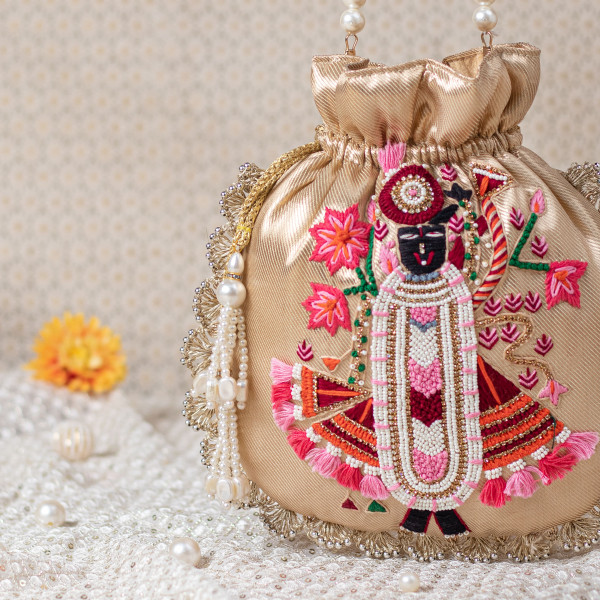 Dull Gold Tissue Shrinath Ji Scallop Potli Bag (Shreenath Ji)