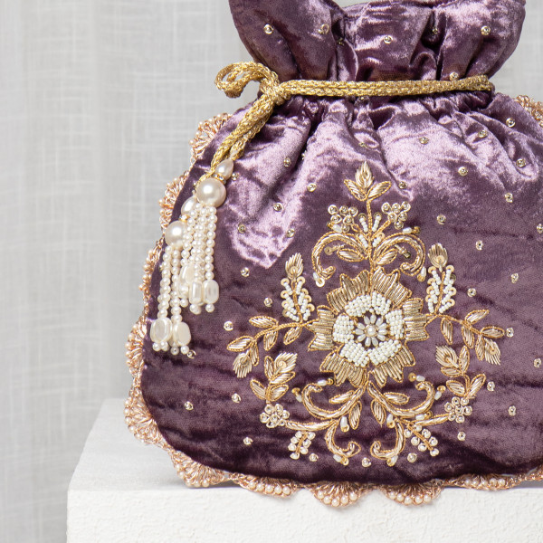 Mauve Velvet Potli Bag | Pearl & Zardozi Hand-Embroidered Bridal Potli