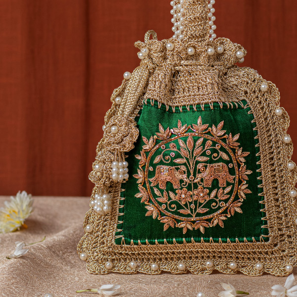 Green Silk & Crochet Elephant Embroidered Potli Bag