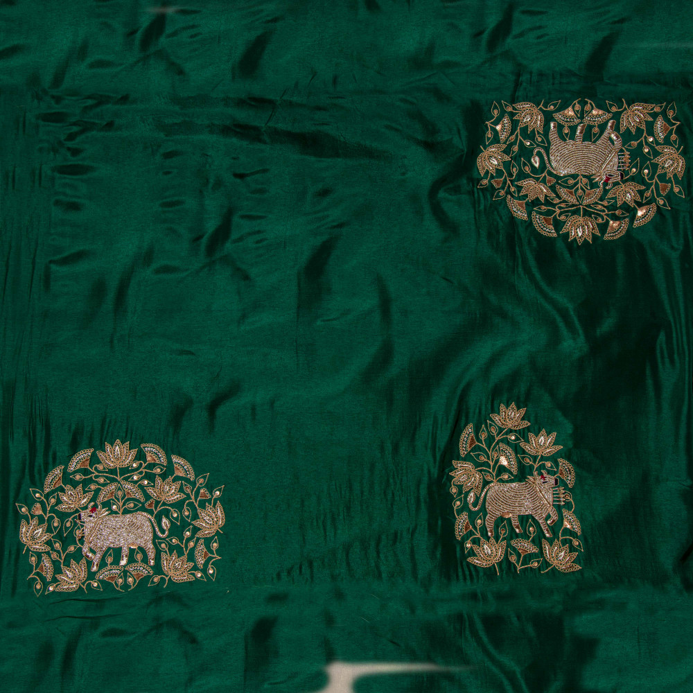 Image of Ethnic Wedding Cow Pichwai Dori Marodi Embroidered green Blouse Fabric