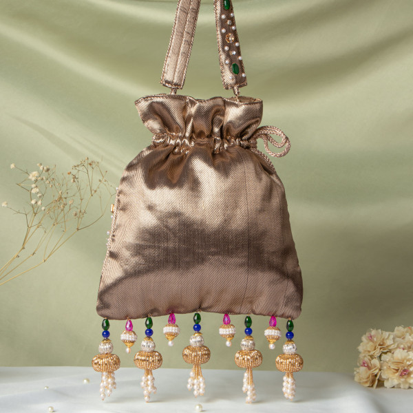 Jewellery Shrinathji Tissue Potli – Dark Copper Gold | Heavily Embellished Traditional Potli