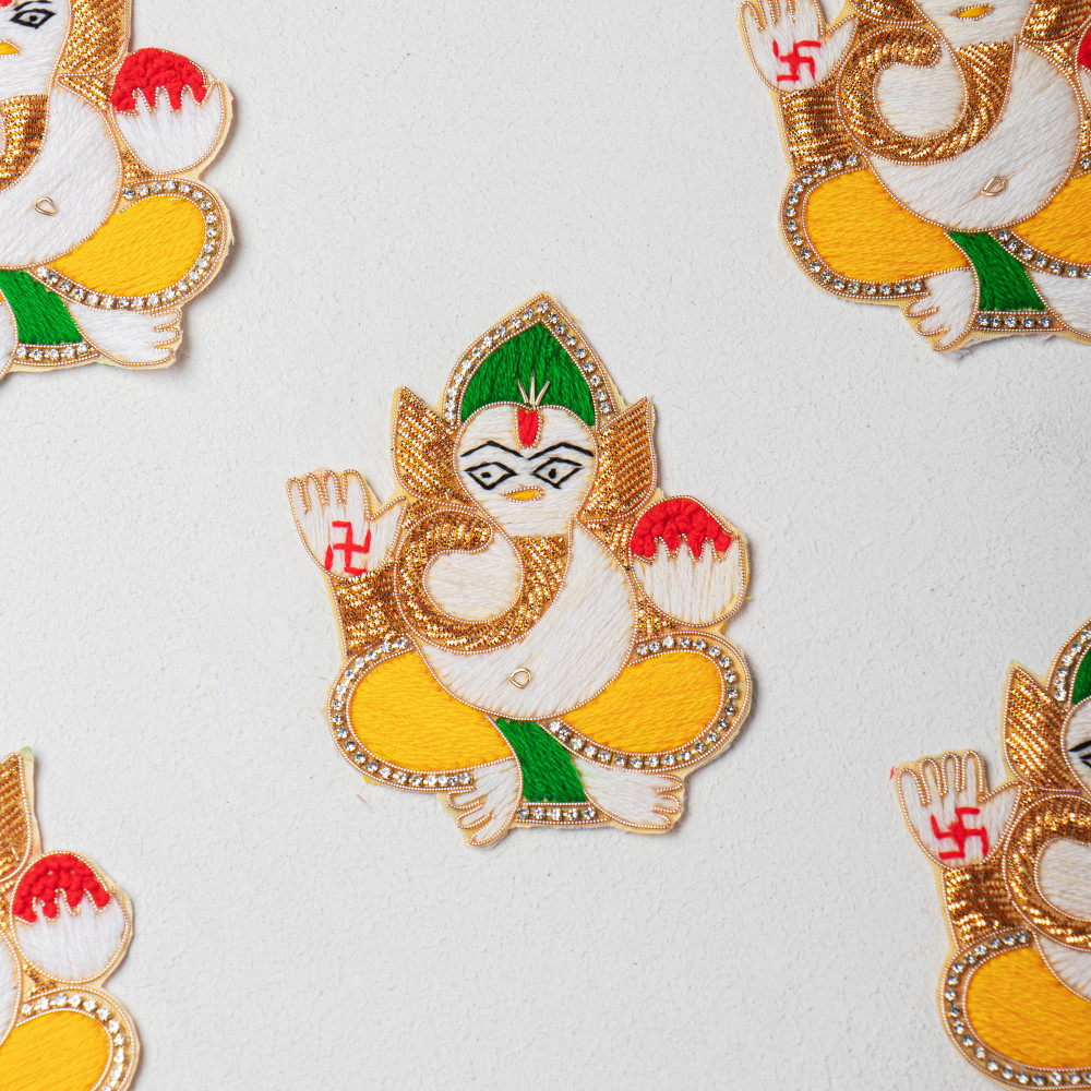 Image of Handcrafted  Embroidered Ganesha Applique Patch – Premium Threadwork &amp; Zardozi Embellishment | Designer Religious Motif for Clothing, Crafts &amp; Festive Decorations (10.1cm x 9cm)