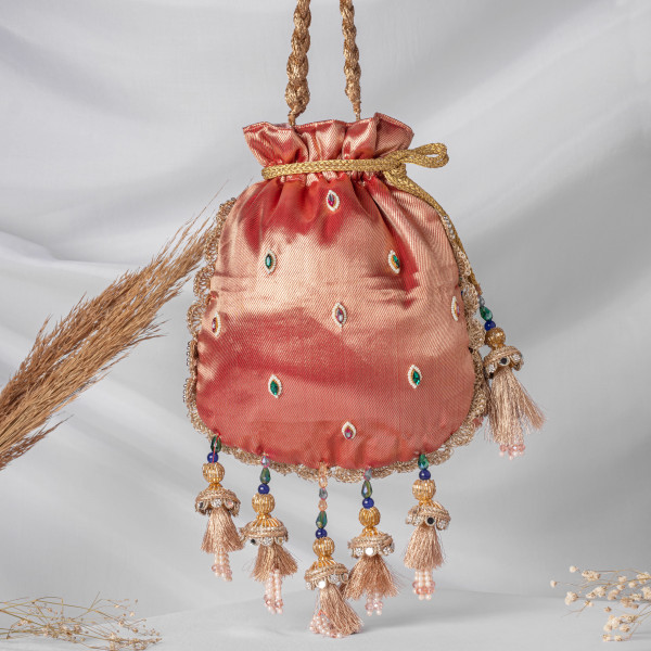 Brick Red Mahaprabhuji Shrinathji Narayanji Trio Hand-Embroidered Potli Bag