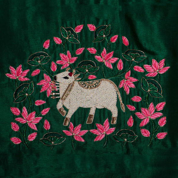 Ethnic Wedding Cow Pichwai Thread Embroidered green Blouse Fabric