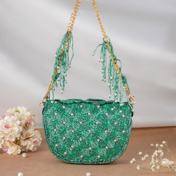Green Handcrafted 3D Rose Cutdana & Pearl Embellished Clutch Bag