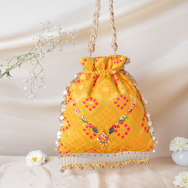 Royal Mustard Banarasi Brocade Potli with Elephant Motif Jewel Brooch