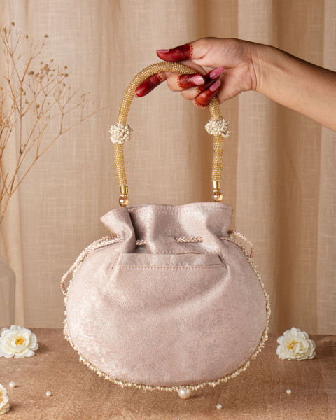 Light Rose Gold Shimmer Potli Bag with Pearls & Cutdana Details