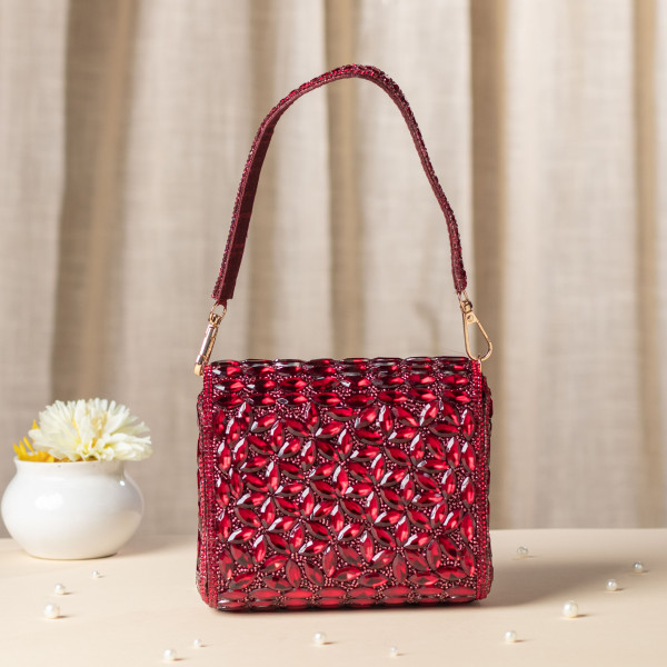 Luxury Maroon Crystal Evening Clutch - Bridal & Party Handbag