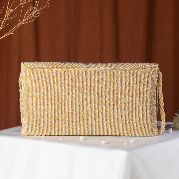 Beige Embellished Evening Clutch Bag with Chain Strap