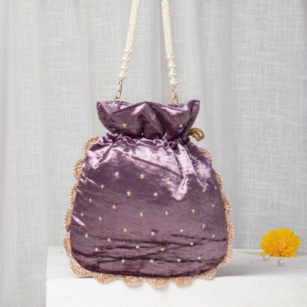 Mauve Velvet Potli Bag | Pearl & Zardozi Hand-Embroidered Bridal Potli