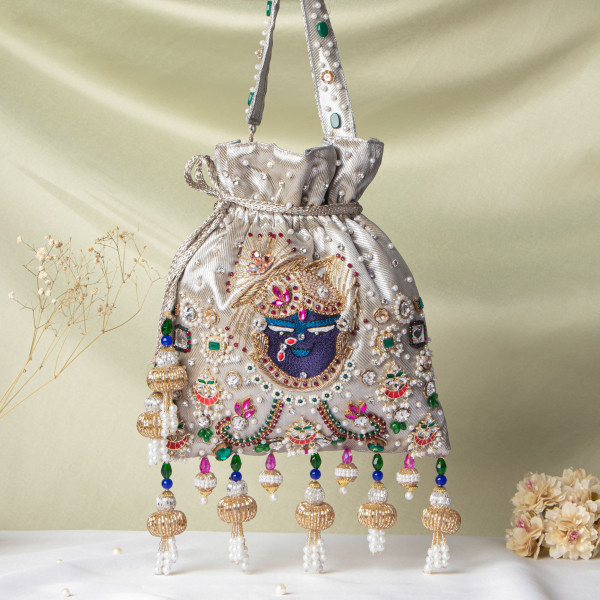 Silver Jewellery Shrinathji Tissue Potli | Intricate Hand-Embroidered Potli Bag