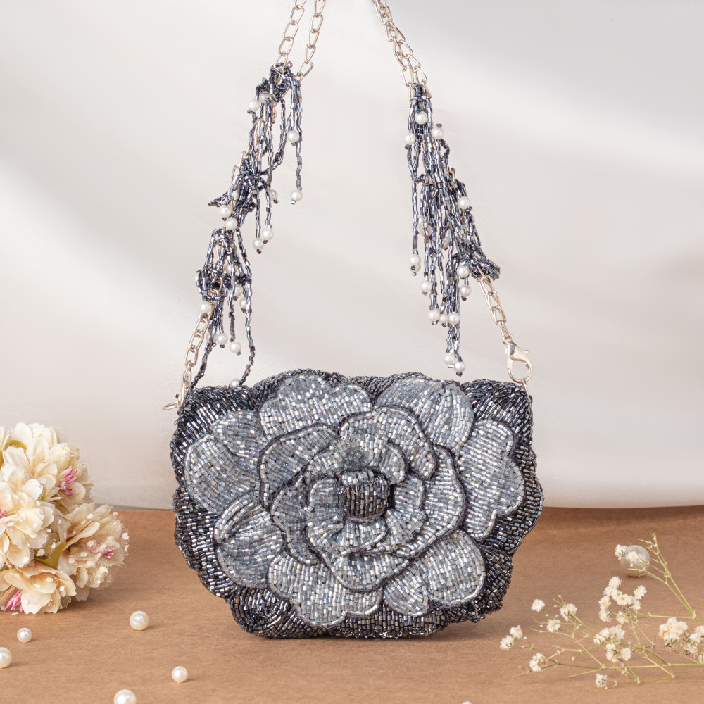 Image of Charcoal Grey Handcrafted 3D Rose Cutdana &amp; Pearl Embellished Clutch Bag