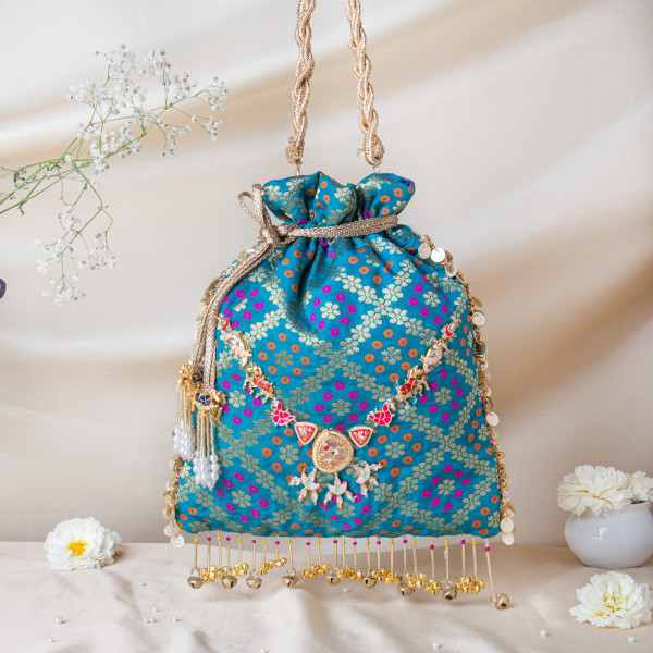 Royal Teal Banarasi Brocade Potli with Kundan-Meenakari Detailing