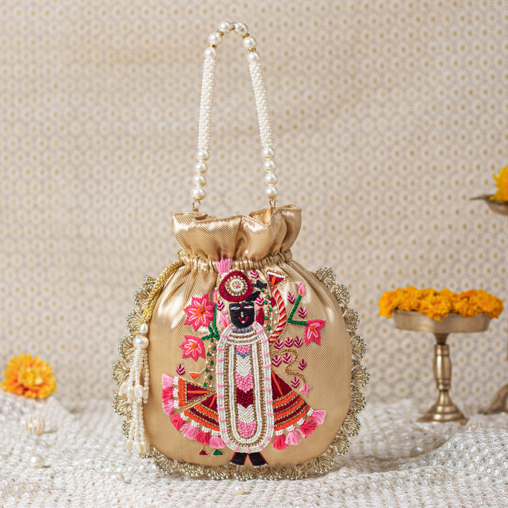 Image of Golden Tissue Shrinath Ji Scallop Potli Bag (Shreenath Ji)