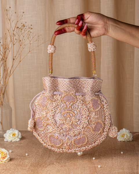 Rose Gold Shimmer Potli Bag with Pearls & Cutdana Details